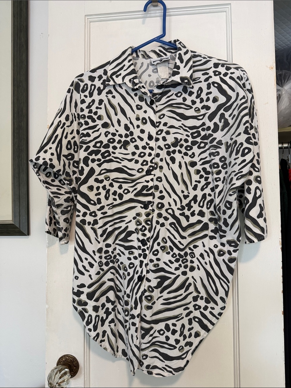 Vtg 80s Mixed Animal Print Power Blouse | Zebra Leopard Shoulder Pads Split Tail